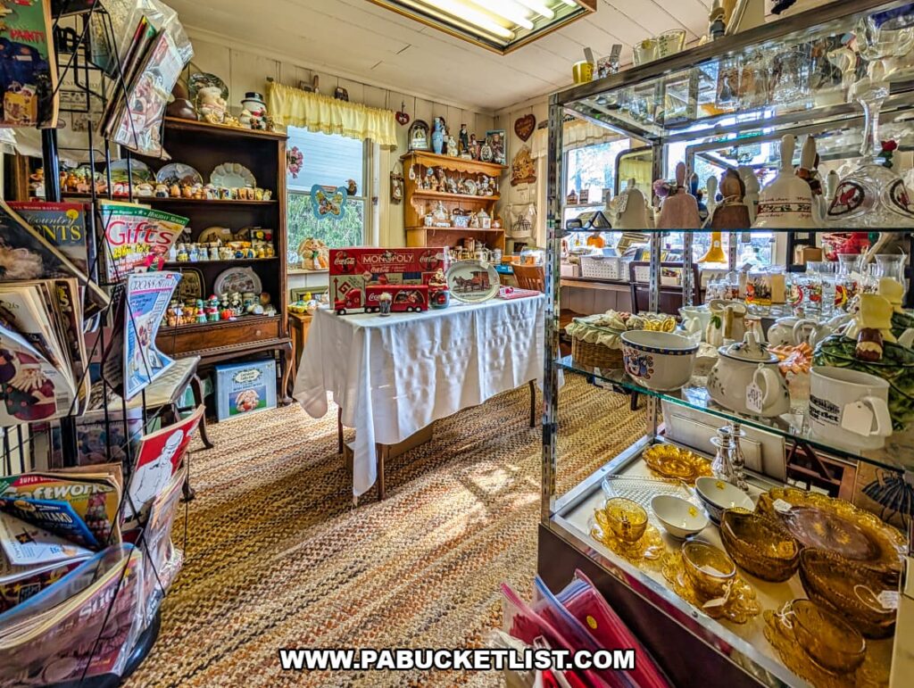Interior view of Sugar Grove Antiques in Somerset County PA with shelves of vintage collectibles glassware and antiques throughout the shop