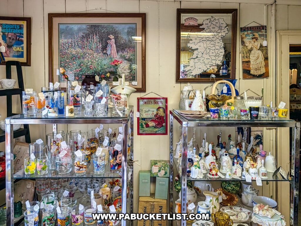 Display shelves filled with vintage drinking glasses, figurines, and assorted collectibles inside Sugar Grove Antiques in Somerset County PA