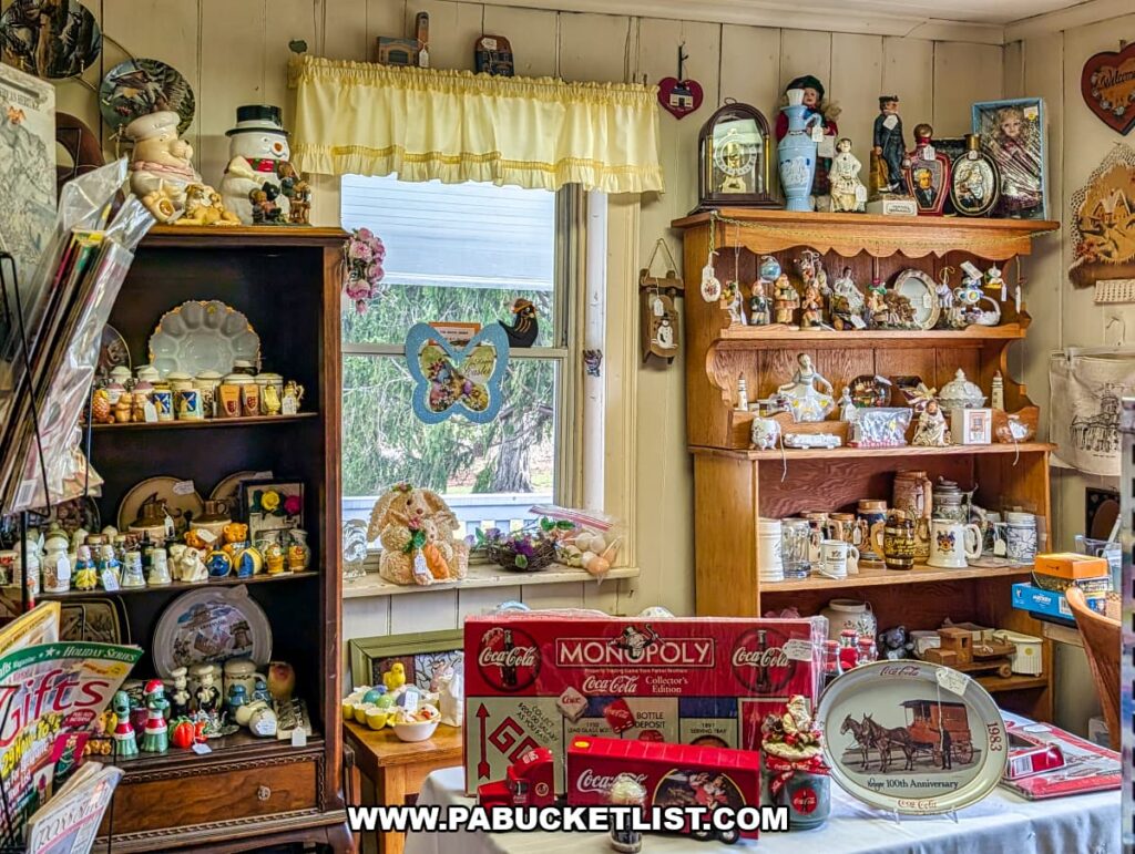 Shelves filled with vintage collectibles, figurines, pottery, and Coca-Cola memorabilia inside Sugar Grove Antiques in Somerset County PA