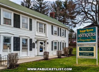Exploring Sugar Grove Antiques in Somerset County Front exterior of Sugar Grove Antiques in Somerset County PA a multi-vendor antique shop housed in one of the oldest log frame homes in Somerset