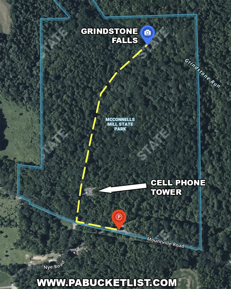 Map showing the hiking route from the Mountville Road parking area past the cell phone tower to Grindstone Falls in McConnells Mill State Park, Lawrence County, Pennsylvania.
