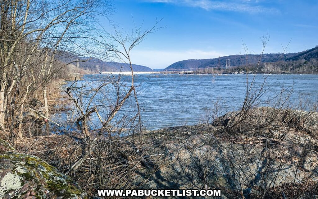 View of the Susquehanna River looking toward Holtwood Dam from the shoreline at the Lock 12 Historic Area in York County, Pennsylvania.