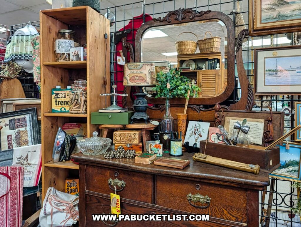 Antique dresser with ornate mirror surrounded by vintage decor and collectibles at Treasure Bin Antiques in Red Lion, York County, Pennsylvania