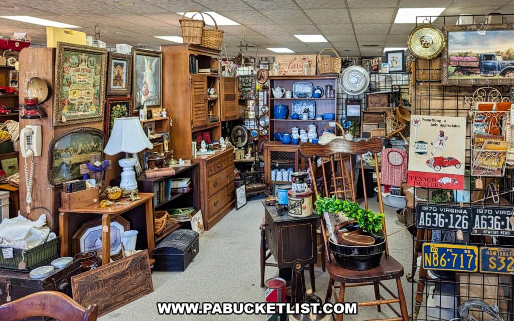 Vendor booth filled with vintage decor, furniture, artwork, and collectibles at Treasure Bin Antiques in Red Lion, York County, Pennsylvania