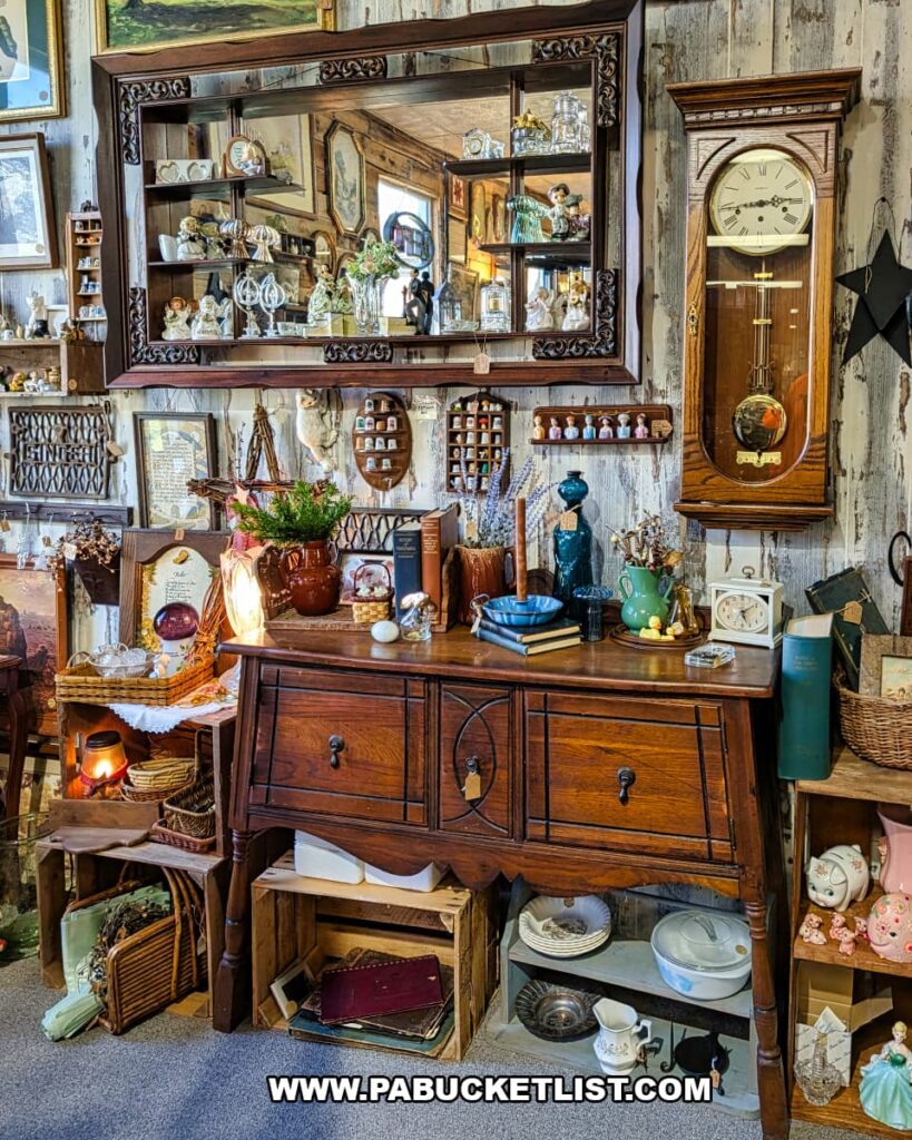 Antique sideboard with decorative mirror, wall clock, and vintage home decor display at Treasure Bin Antiques in Red Lion, York County, Pennsylvania