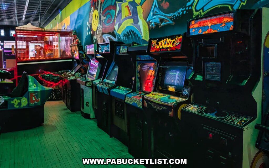 Row of classic arcade games including Joust and Battlezone at Timeline Arcade in York County Pennsylvania with colorful retro gaming atmosphere