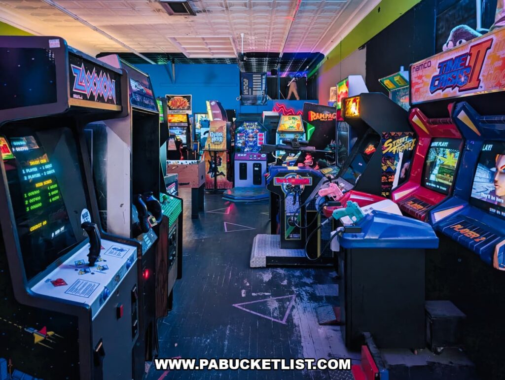 Interior view of Timeline Arcade in York County Pennsylvania featuring rows of classic arcade machines including Zaxxon, Rampage, and Time Crisis