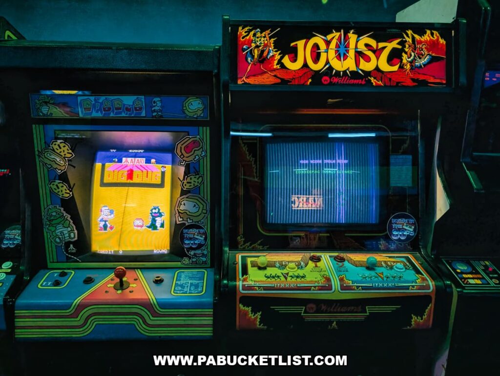 Dig Dug and Joust arcade machines inside Timeline Arcade in York County Pennsylvania featuring classic 1980s arcade games