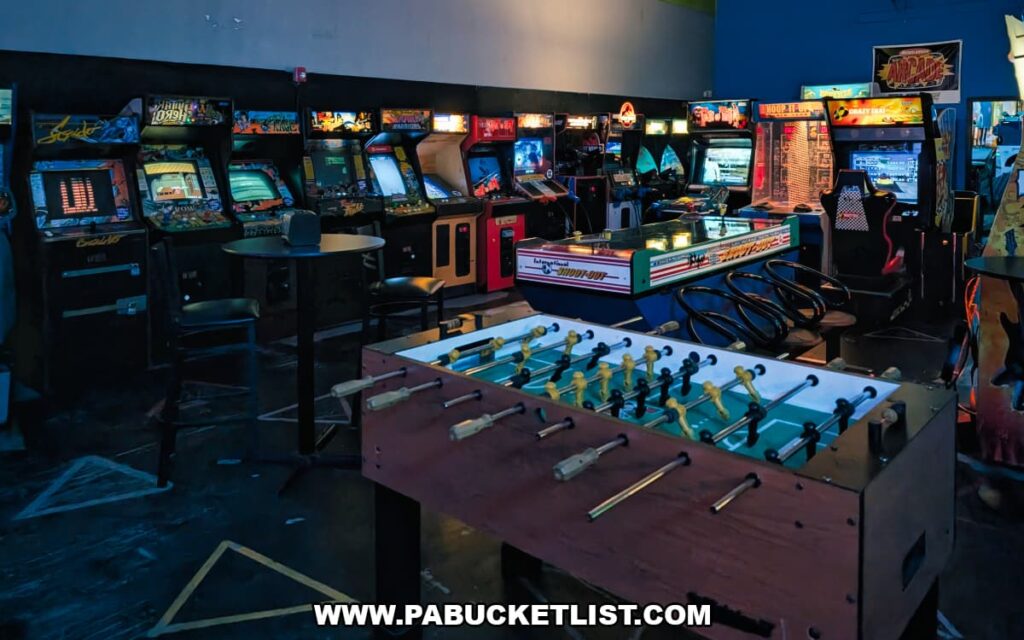 Foosball table and rows of classic arcade machines inside Timeline Arcade in York County Pennsylvania with retro games lining the walls