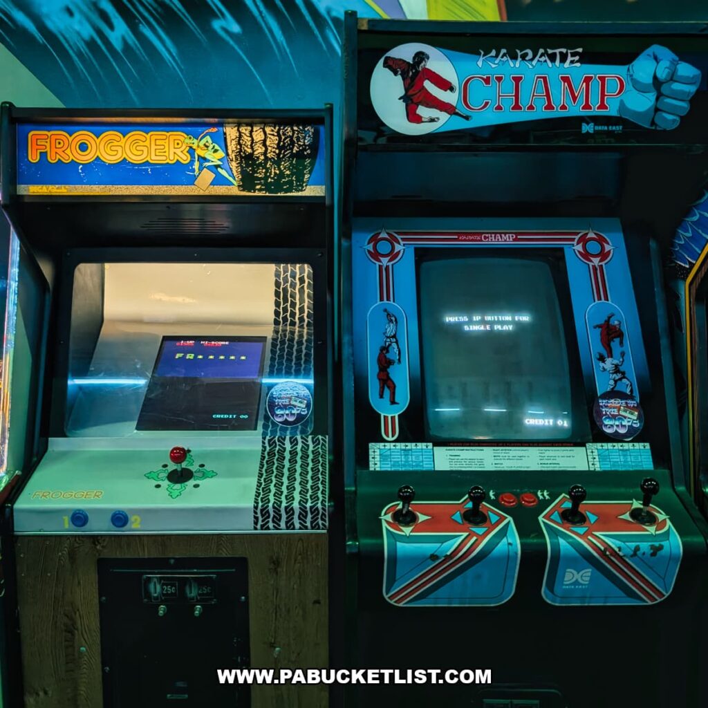 Frogger and Karate Champ arcade machines inside Timeline Arcade in York County Pennsylvania showcasing classic 1980s arcade games