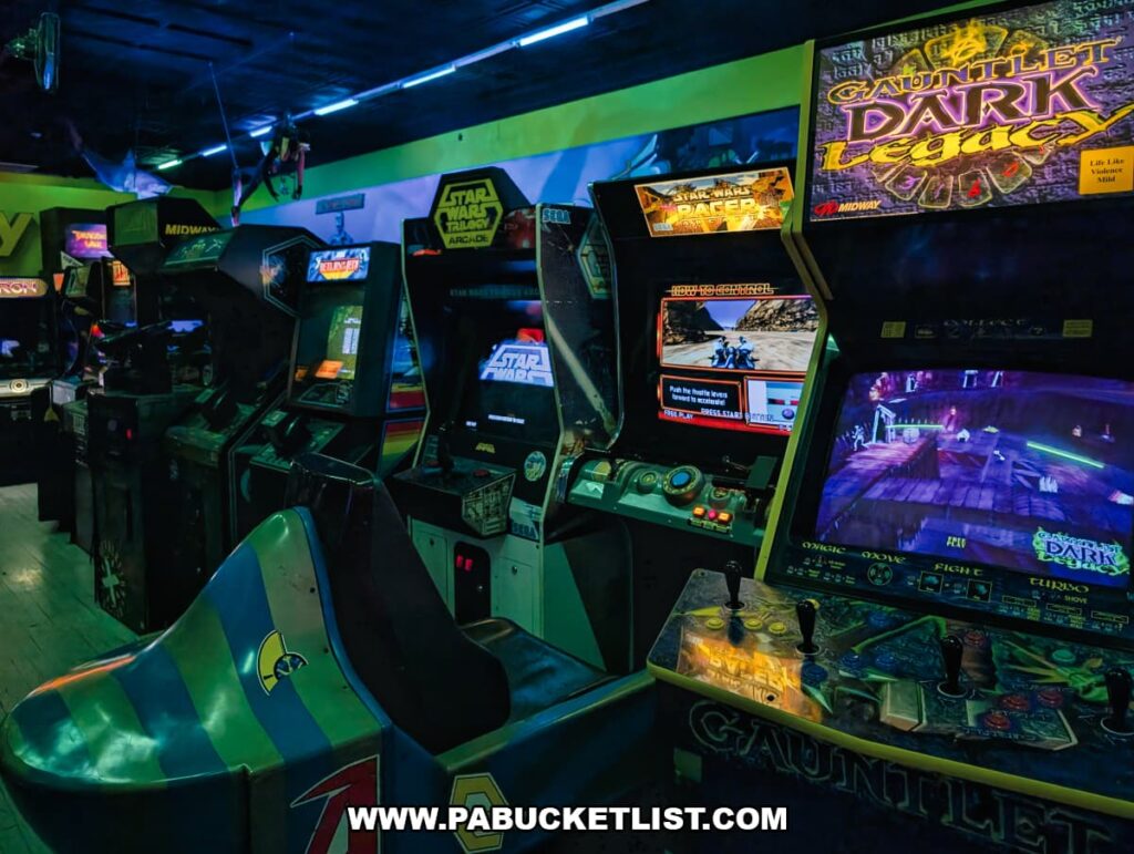 Gauntlet Dark Legacy and Star Wars arcade machines lined up inside Timeline Arcade in York County Pennsylvania showcasing classic and modern arcade games