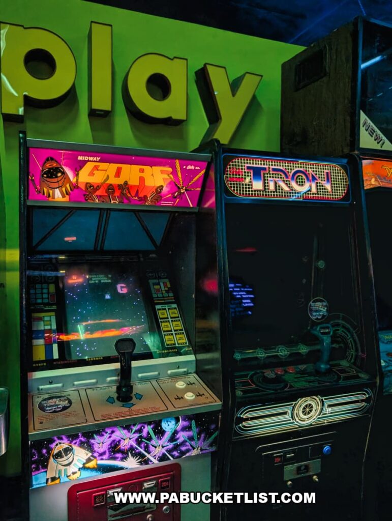 Vintage Gorf and Tron arcade machines at Timeline Arcade in York County Pennsylvania showcasing classic 1980s arcade gaming nostalgia