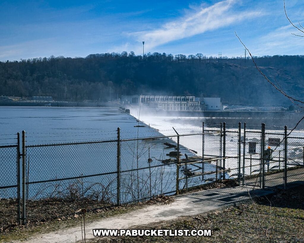 View of the Holtwood Dam and hydroelectric plant on the Susquehanna River as seen from the Lock 12 Historic Area in York County, Pennsylvania.