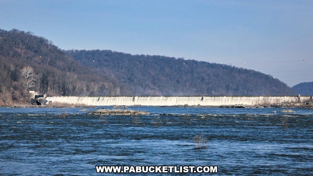 Water flowing over Holtwood Dam on the Susquehanna River as seen from the Lock 12 Historic Area in York County, Pennsylvania.
