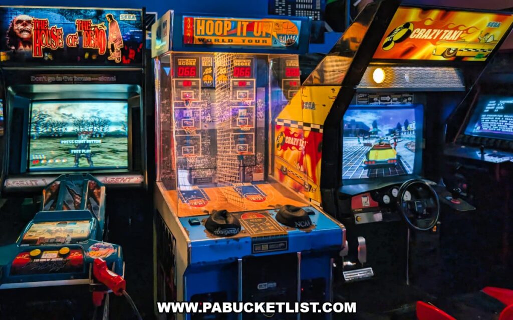 House of the Dead, Hoop It Up basketball, and Crazy Taxi arcade games at Timeline Arcade in York County Pennsylvania