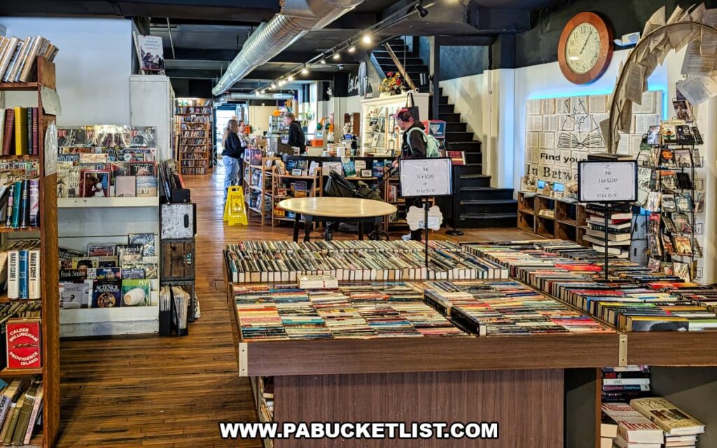 Display tables filled with CDs and media inside In Between Pages Bookstore in York PA with shoppers browsing the two floor shop’s books music and collectibles