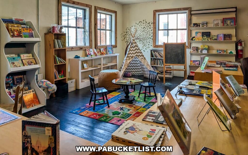Childrenโs reading area at In Between Pages Bookstore in York PA with kids books shelves small table chairs alphabet rug and play teepee