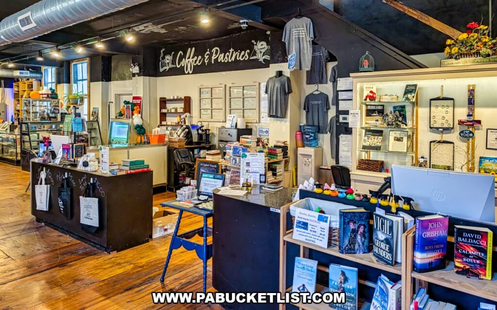 Coffee and pastries counter inside In Between Pages Bookstore in York PA showing cafรฉ area surrounded by books displays and merchandise