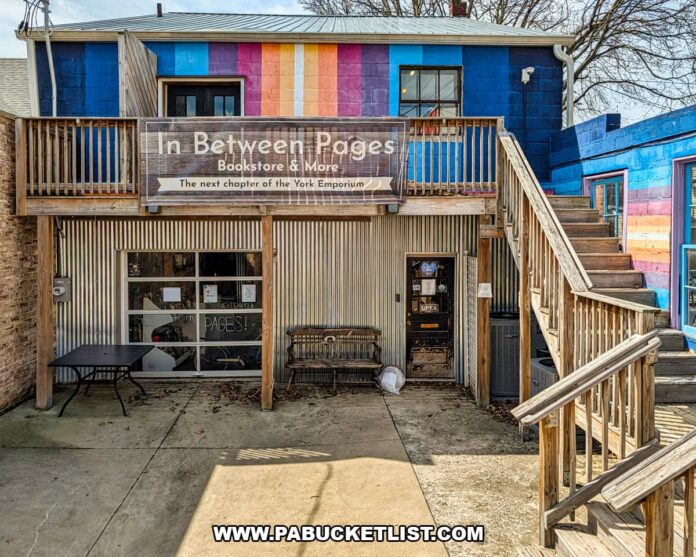 in-between-pages-bookstore-exterior-york-pa-used-books-records-shop Exterior view of In Between Pages Bookstore in York PA showing colorful mural facade, wooden staircase, and entrance to the two-floor shop selling used books records CDs DVDs and comics