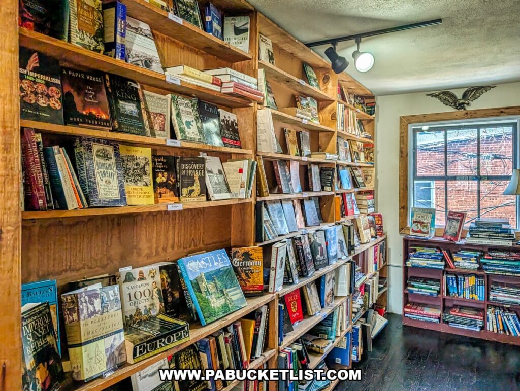 Shelves of history and travel books at In Between Pages Bookstore in York PA displayed along rustic wooden bookcases near a window