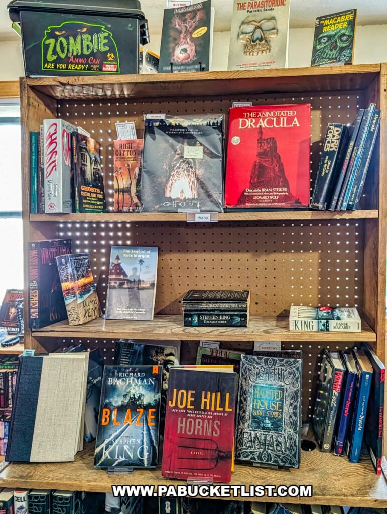 Horror book display at In Between Pages Bookstore in York PA featuring titles by Stephen King Joe Hill and classic gothic horror authors