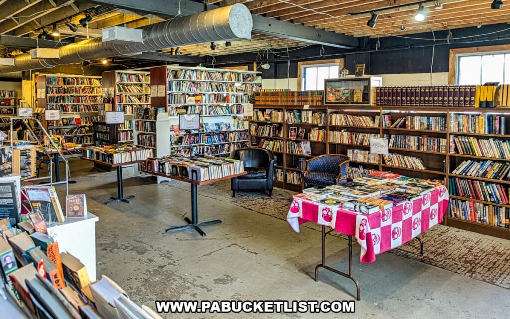 Interior of In Between Pages Bookstore in York PA showing rows of used book shelves display tables and reading chairs inside the two floor shop filled with books and media