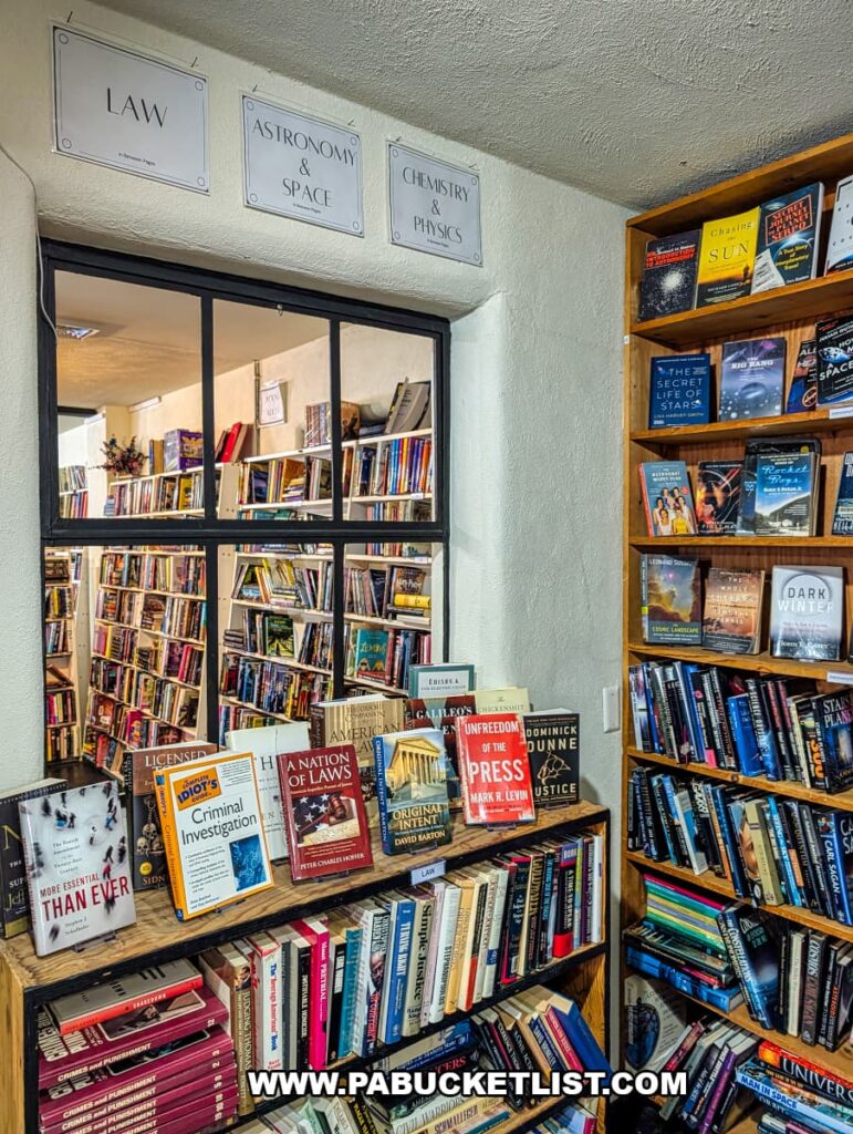 Law astronomy space chemistry and physics book sections at In Between Pages Bookstore in York PA with shelves of science and legal titles