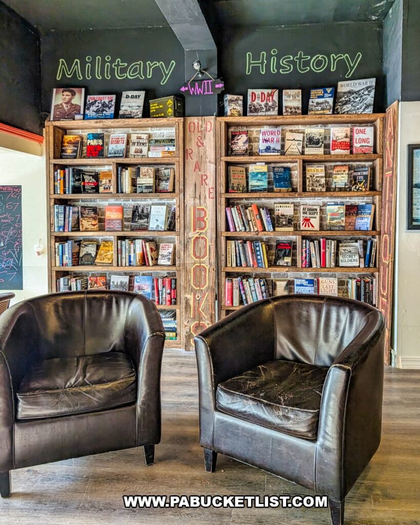 Military history book section at In Between Pages Bookstore in York PA with shelves of war history titles and leather reading chairs for browsing