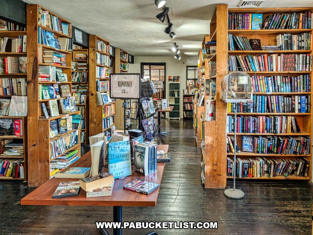 Romance book section aisle at In Between Pages Bookstore in York PA with tall wooden shelves and display table of novels