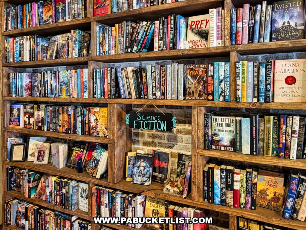 Science fiction section at In Between Pages Bookstore in York PA with wooden shelves filled with sci fi novels and fantasy titles