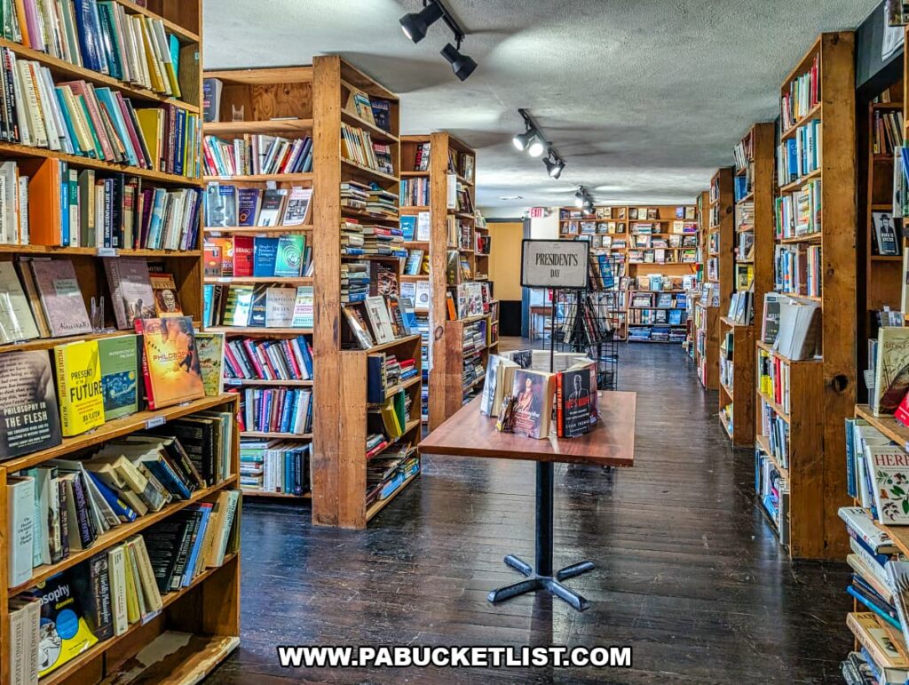 Interior aisles of used books at In Between Pages Bookstore in York PA with tall wooden shelves and display table running through the shop