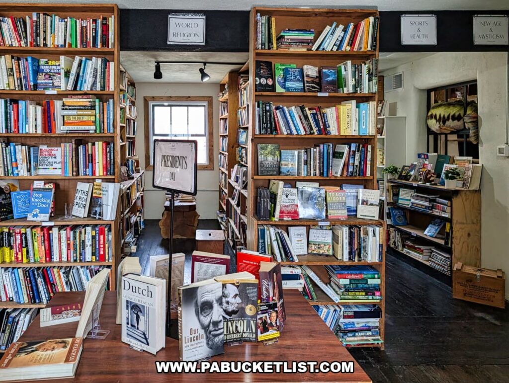 Aisles of used books at In Between Pages Bookstore in York PA with tall wooden shelves and display table featuring history and nonfiction titles