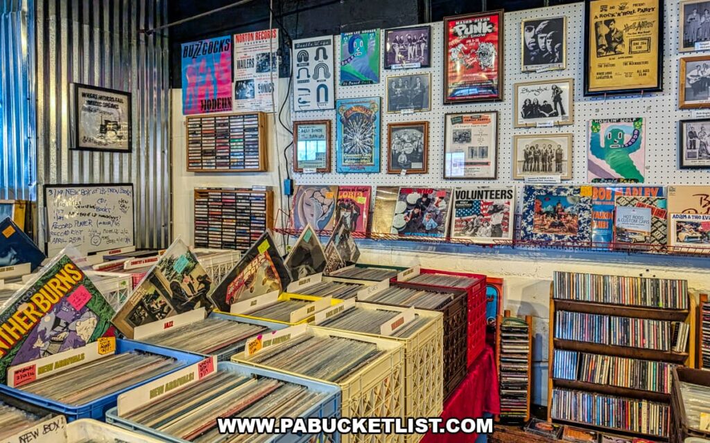 Vinyl records and music memorabilia display at In Between Pages Bookstore in York PA with crates of albums posters and CDs on the wall