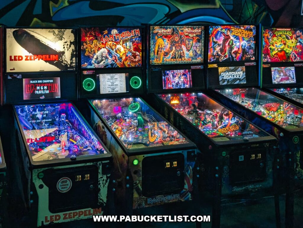 Led Zeppelin, Iron Maiden, and Guardians of the Galaxy pinball machines lined up inside Timeline Arcade in York County Pennsylvania