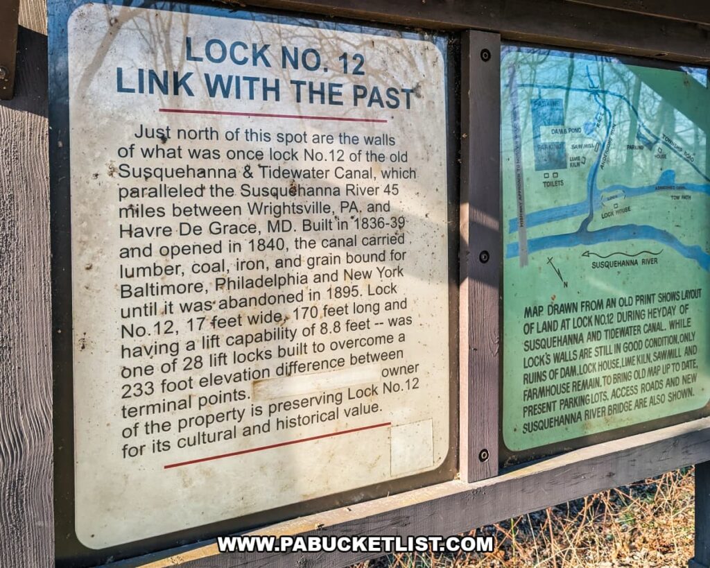 Interpretive sign describing Lock No. 12 of the Susquehanna and Tidewater Canal at the Lock 12 Historic Area in York County, Pennsylvania.
