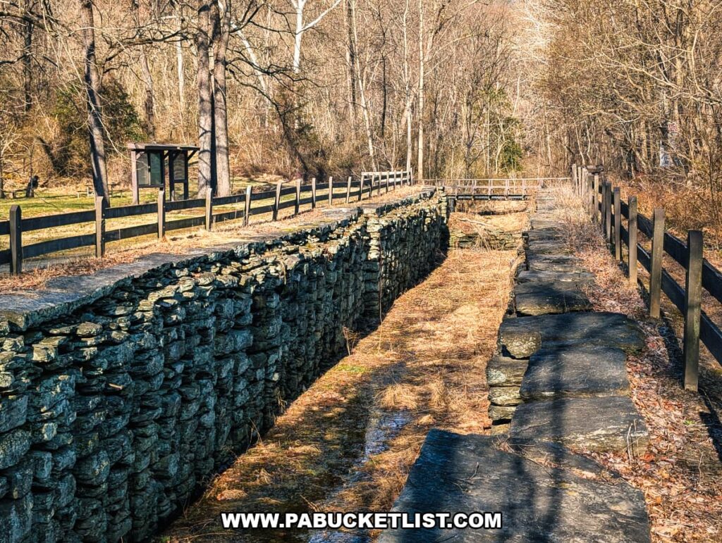 View of the stone walls of Lock 12 along the historic Susquehanna and Tidewater Canal at the Lock 12 Historic Area in York County, Pennsylvania.