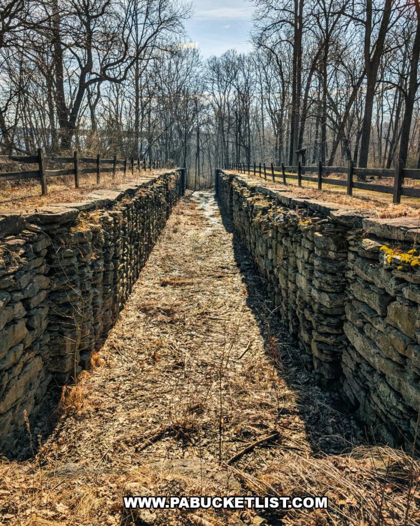 Stone walls of Lock 12 along the historic Susquehanna and Tidewater Canal at the Lock 12 Historic Area in York County, Pennsylvania.