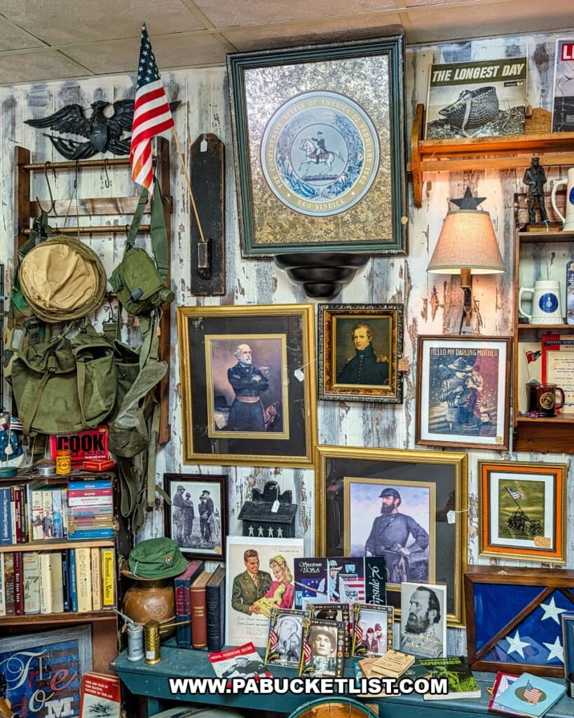 Display of military memorabilia, historic portraits, and patriotic collectibles at Treasure Bin Antiques in Red Lion, York County, Pennsylvania