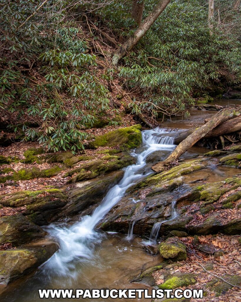 Small cascades along Mill Creek flowing over mossy rocks at the Lock 12 Historic Area in York County, Pennsylvania.
