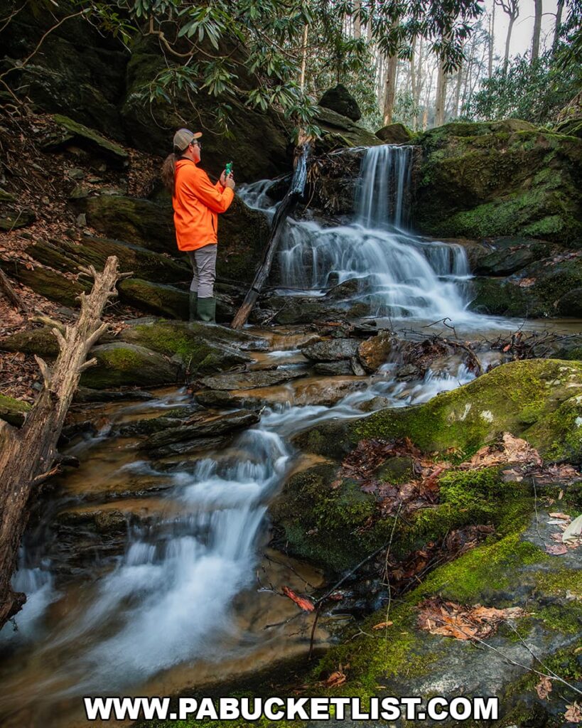 Visitor photographing Mill Creek Falls cascading over mossy rocks at the Lock 12 Historic Area in York County, Pennsylvania.