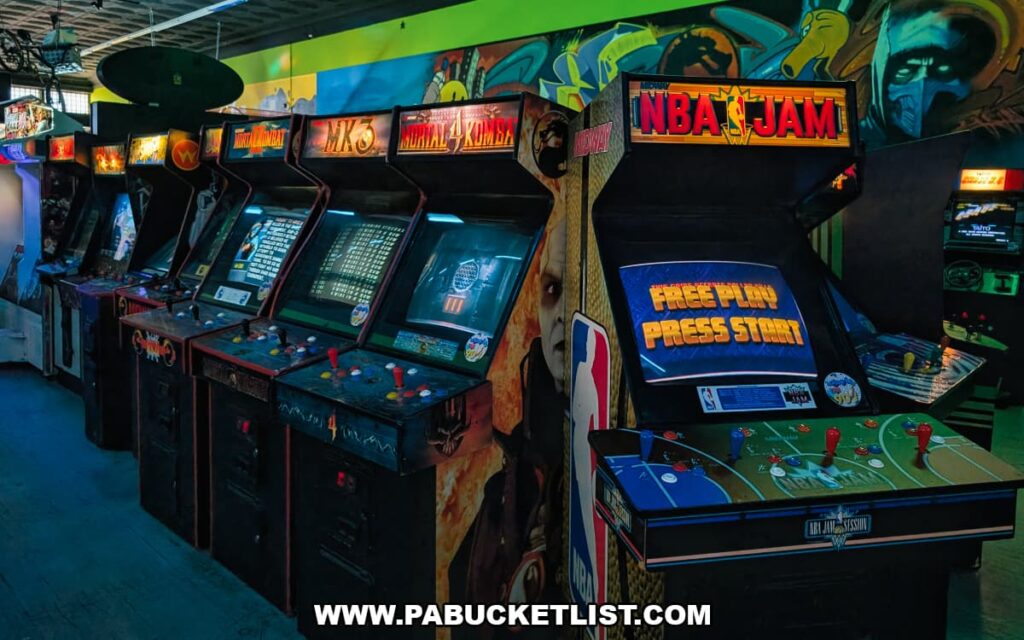 NBA Jam, Mortal Kombat, and other classic arcade machines lined up inside Timeline Arcade in York County Pennsylvania