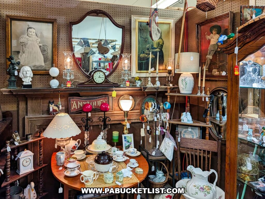 Vendor booth at Pen-Mar Antique Market in Waynesboro Pennsylvania displaying antique furniture framed artwork mirrors lamps and vintage decor items