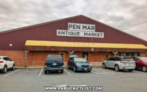 Exterior view of Pen-Mar Antique Market building and parking lot in Waynesboro Pennsylvania in Franklin County