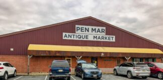 Exterior view of Pen-Mar Antique Market building and parking lot in Waynesboro Pennsylvania in Franklin County