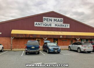 Exploring Pen Mar Antique Market in Franklin County Exterior view of Pen-Mar Antique Market building and parking lot in Waynesboro Pennsylvania in Franklin County