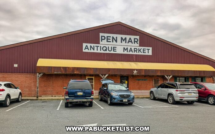 pen-mar-antique-market-exterior-building-waynesboro-pa Exterior view of Pen-Mar Antique Market building and parking lot in Waynesboro Pennsylvania in Franklin County