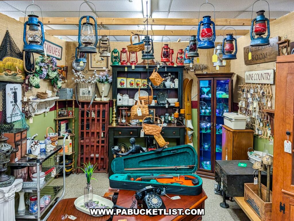 Vendor booth at Pen-Mar Antique Market in Waynesboro Pennsylvania displaying antique lanterns vintage decor baskets furniture and collectible items inside the Franklin County antique mall