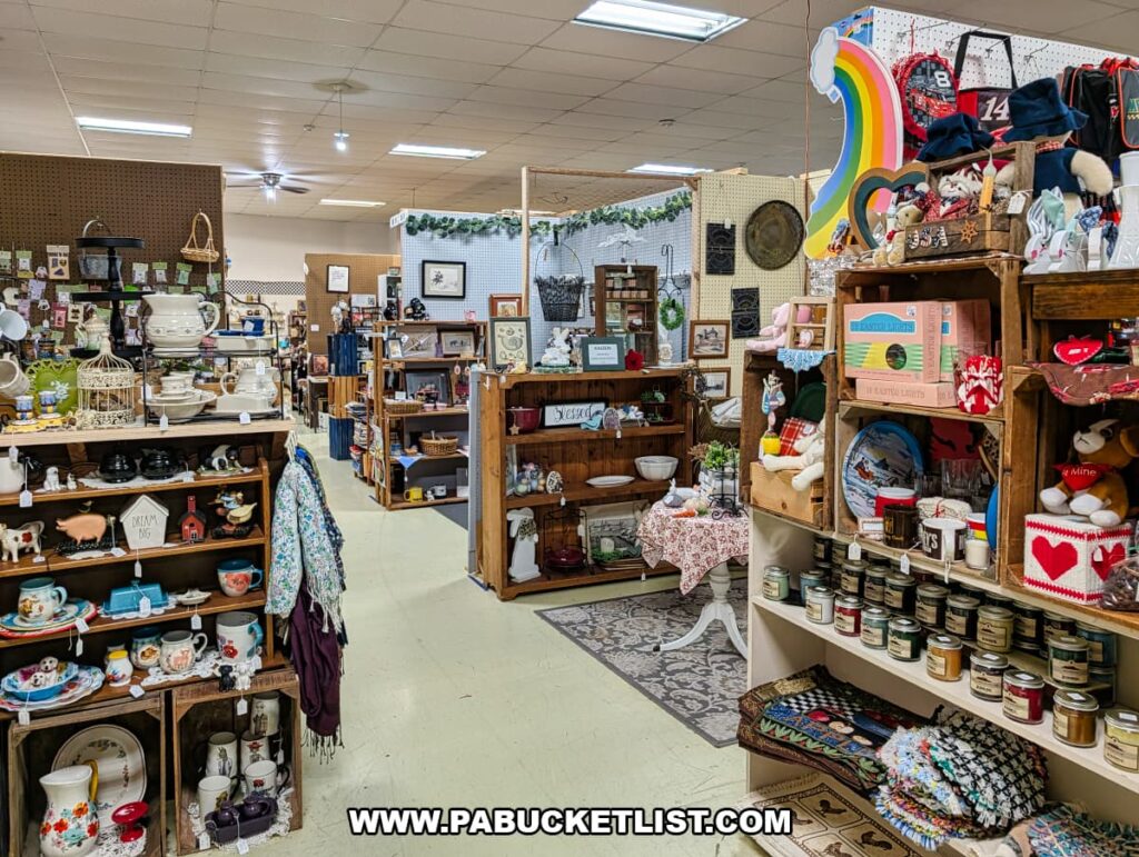 Vendor booths filled with antiques collectibles dishes decor and vintage goods inside Pen-Mar Antique Market in Waynesboro Pennsylvania