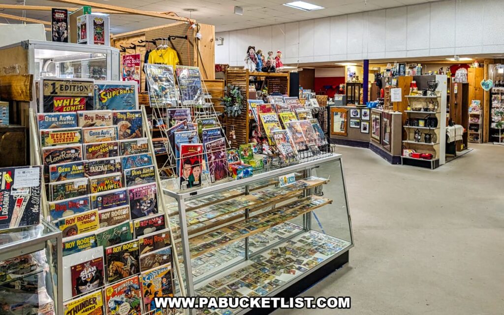 Display of vintage comic books trading cards and pop culture collectibles at a vendor booth inside Pen-Mar Antique Market in Waynesboro Pennsylvania