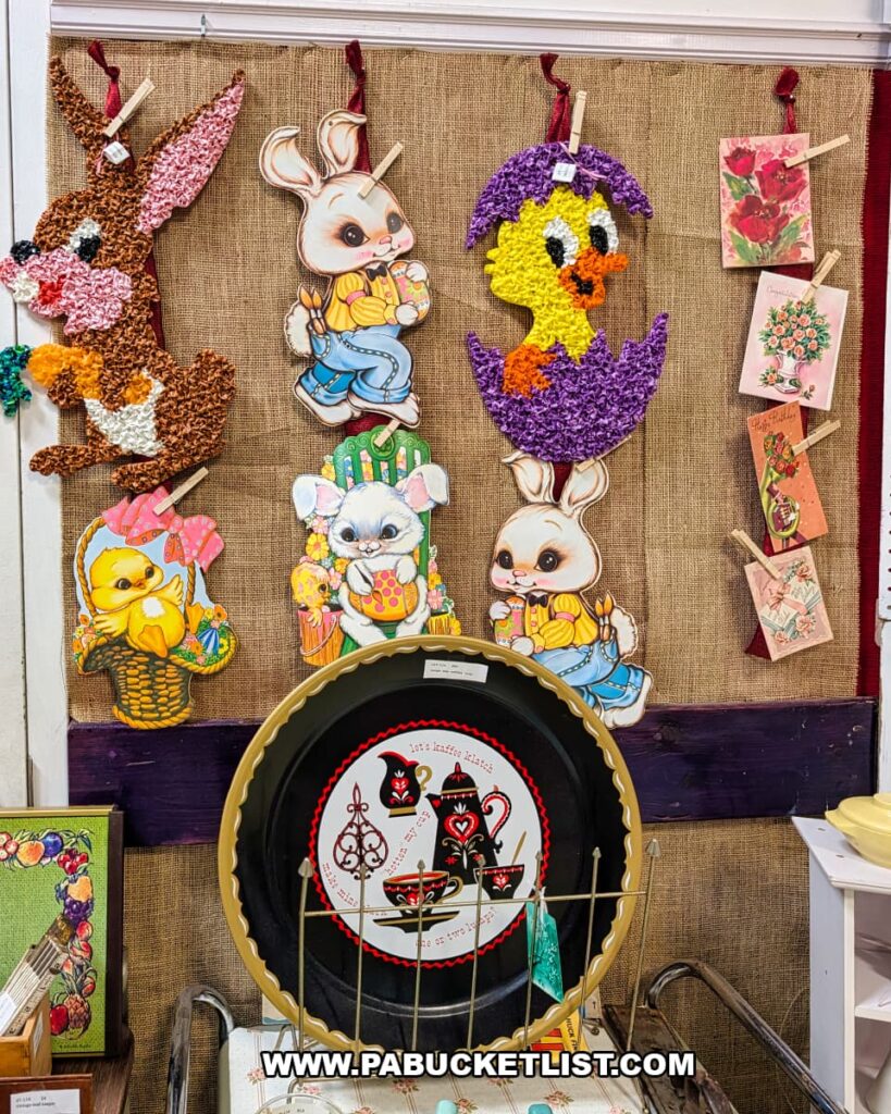 Display of vintage Easter decorations greeting cards and holiday decor at a vendor booth inside Pen-Mar Antique Market in Waynesboro Pennsylvania